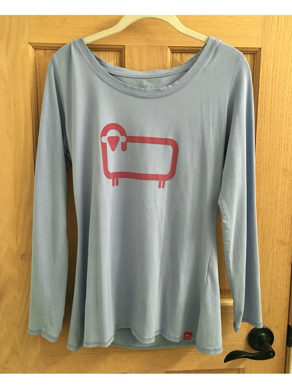 Woolrich Light Blue Long Sleeve Tee with Pink Sheep Graphic, Size Medium